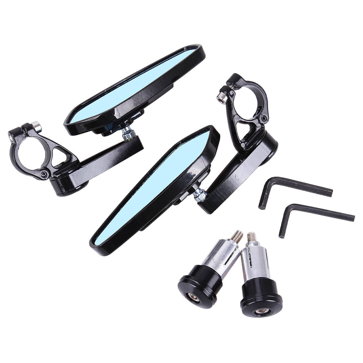 Universal bar-end rearview mirrors with blue glass and black mounts plus mounting hardware