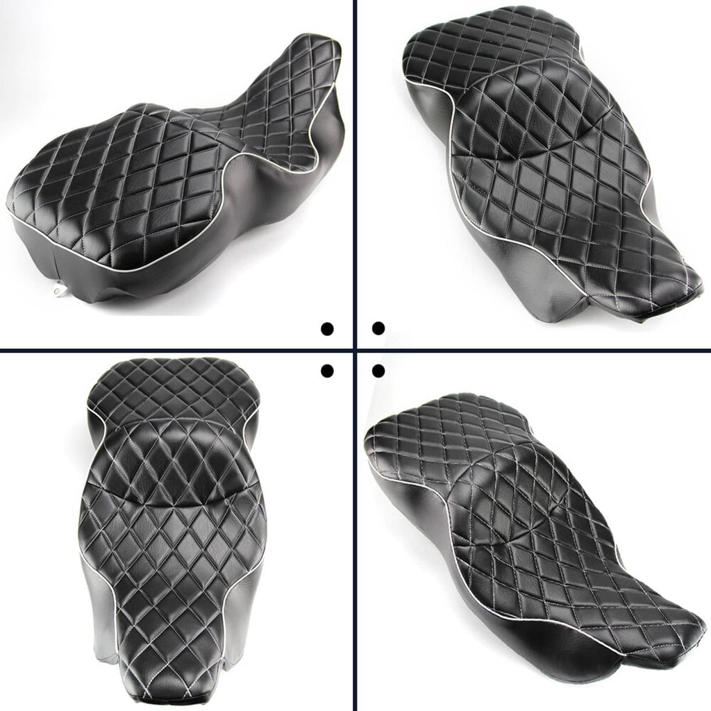 Black diamond-quilt motorcycle seat shown from multiple angles