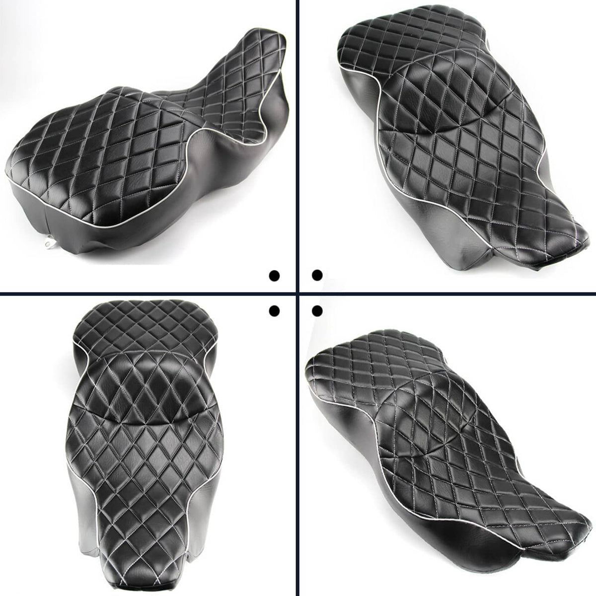 Black diamond-quilt motorcycle seat shown from multiple angles