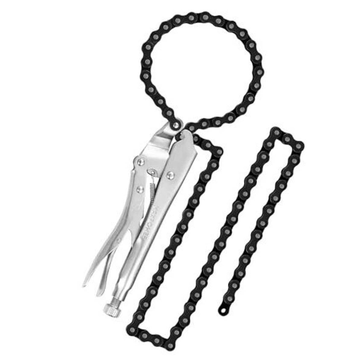 9-inch locking chain clamp pliers with black linked chain and silver locking jaws