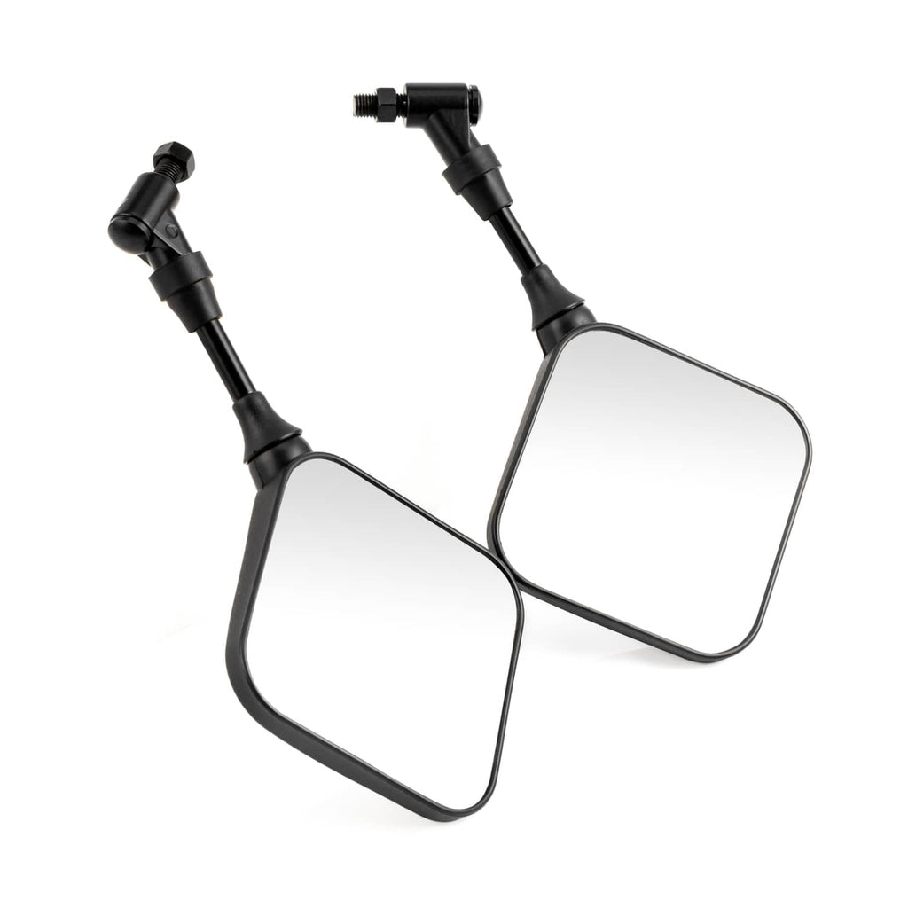 Pair of motorcycle rearview mirrors with square reflective glass and black stems
