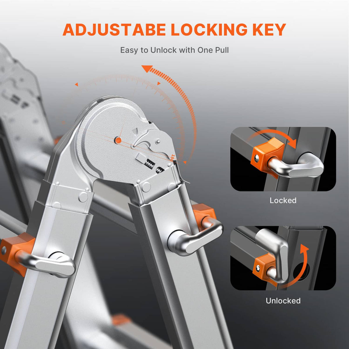 Adjustable locking key on a gray extension ladder with orange release handle