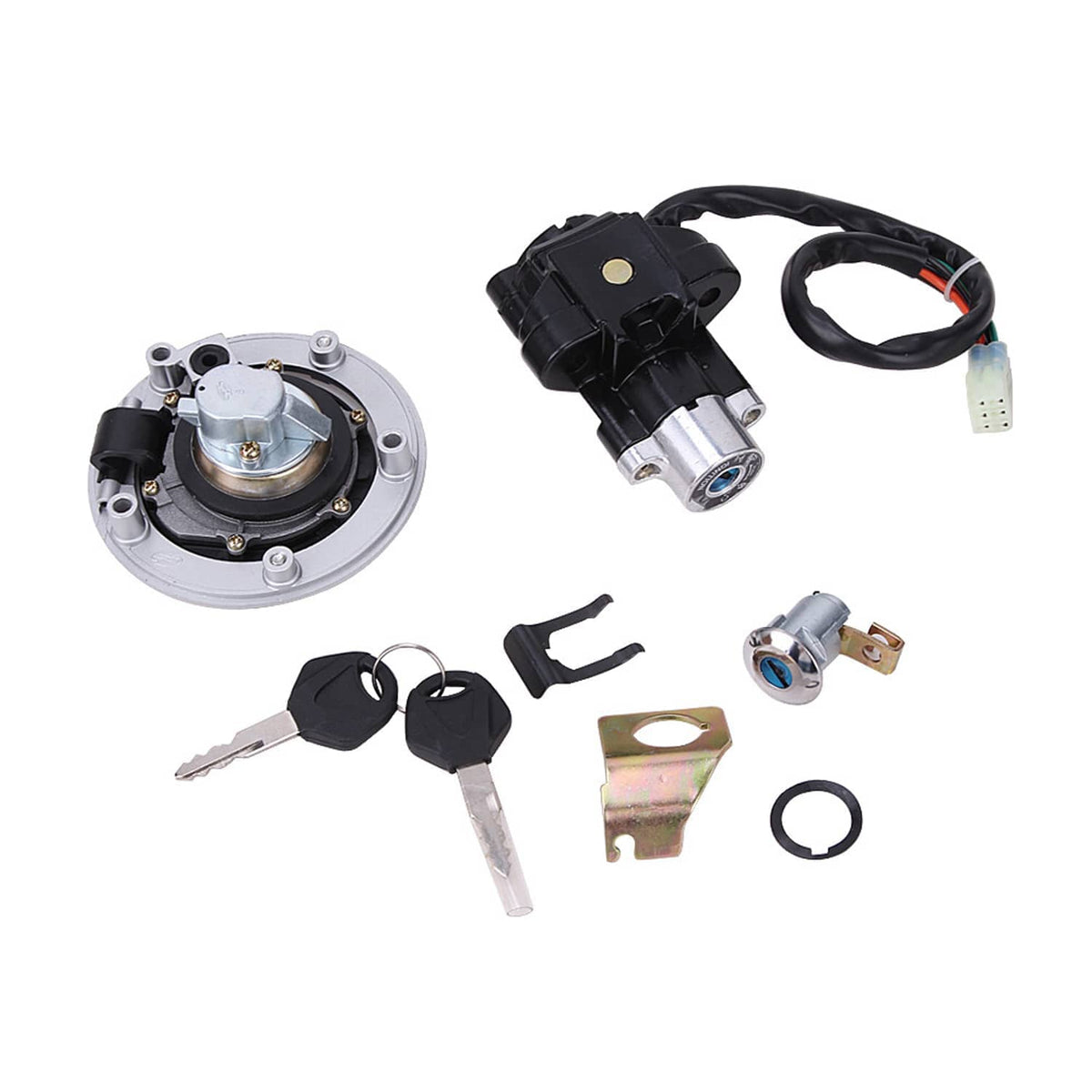 Fuel tank cap lock and ignition switch cylinder set with keys, bracket, and seal