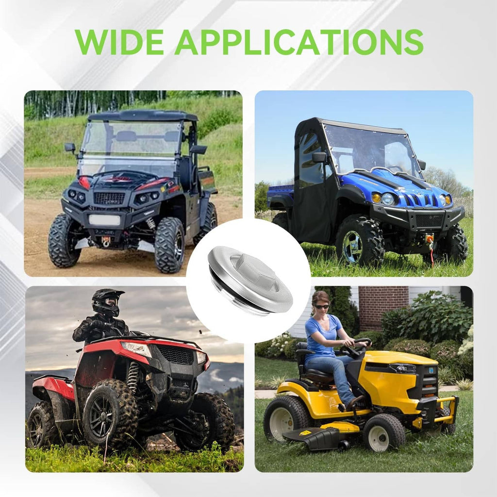 Round oil drain plug with O-ring, centered over utility vehicles.