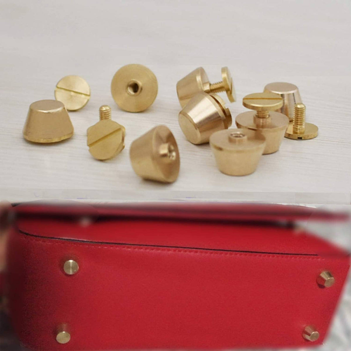 Brass screw-back handbag feet set next to a red bag corner with studs