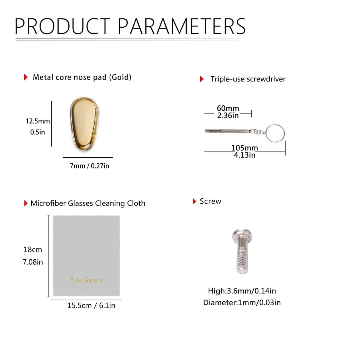Gold metal-core silicone nose pads kit with screwdriver, screws, and microfiber cloth