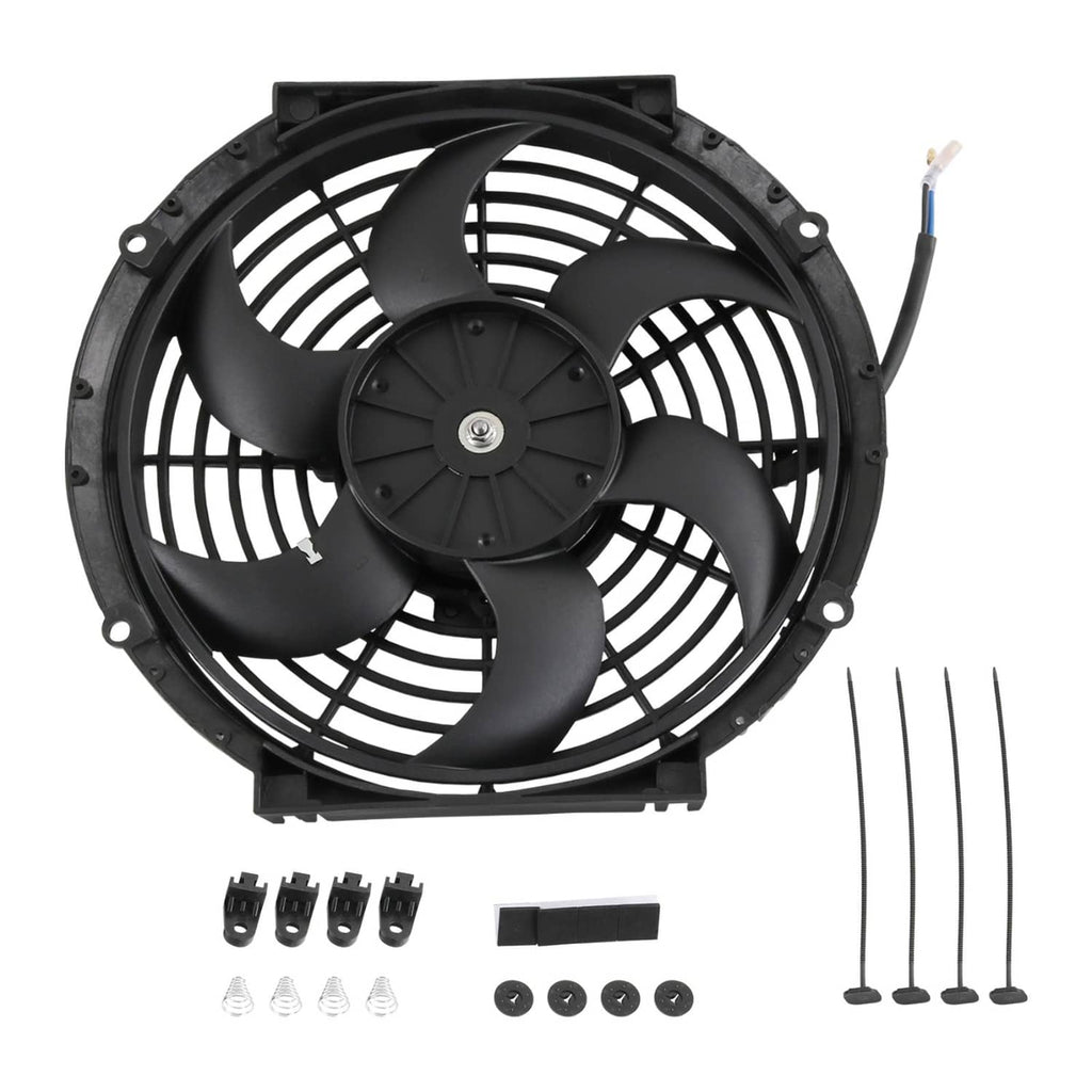 Black 10-inch electric radiator cooling fan kit with curved blades, blue hub, and leads