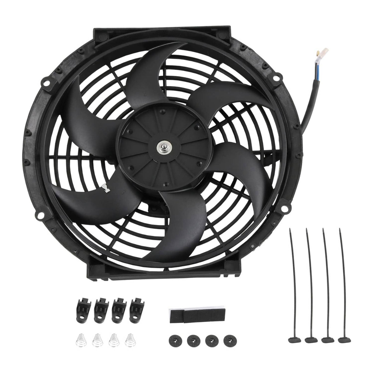 Black 10-inch electric radiator cooling fan kit with curved blades, blue hub, and leads
