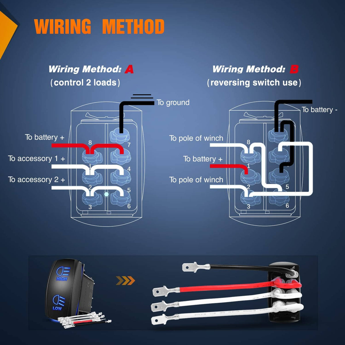 Rocker switch wiring harness with jumper wires and blue HIGH/LOW illumination