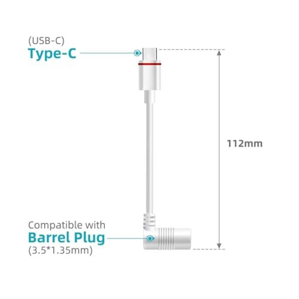 White USB-C to barrel plug adapter cable with Type-C end and 112mm length