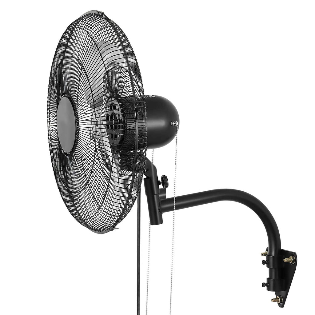18-inch wall-mounted oscillating fan with black wire grille and wall bracket