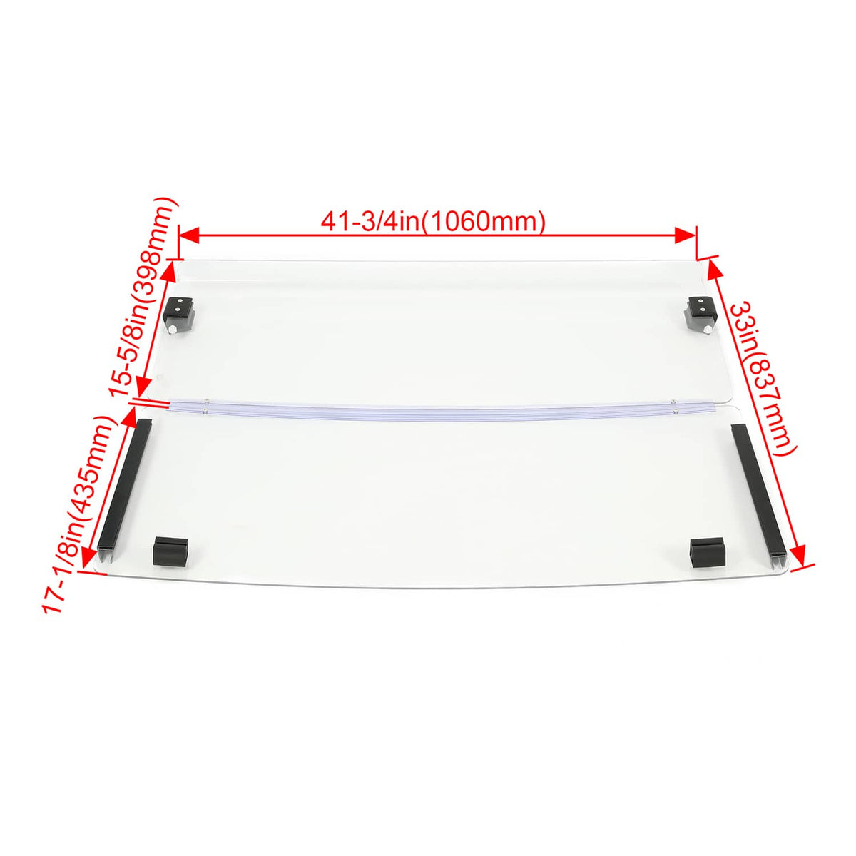 Clear windshield with blue center bar and corner mounts; frame includes black feet