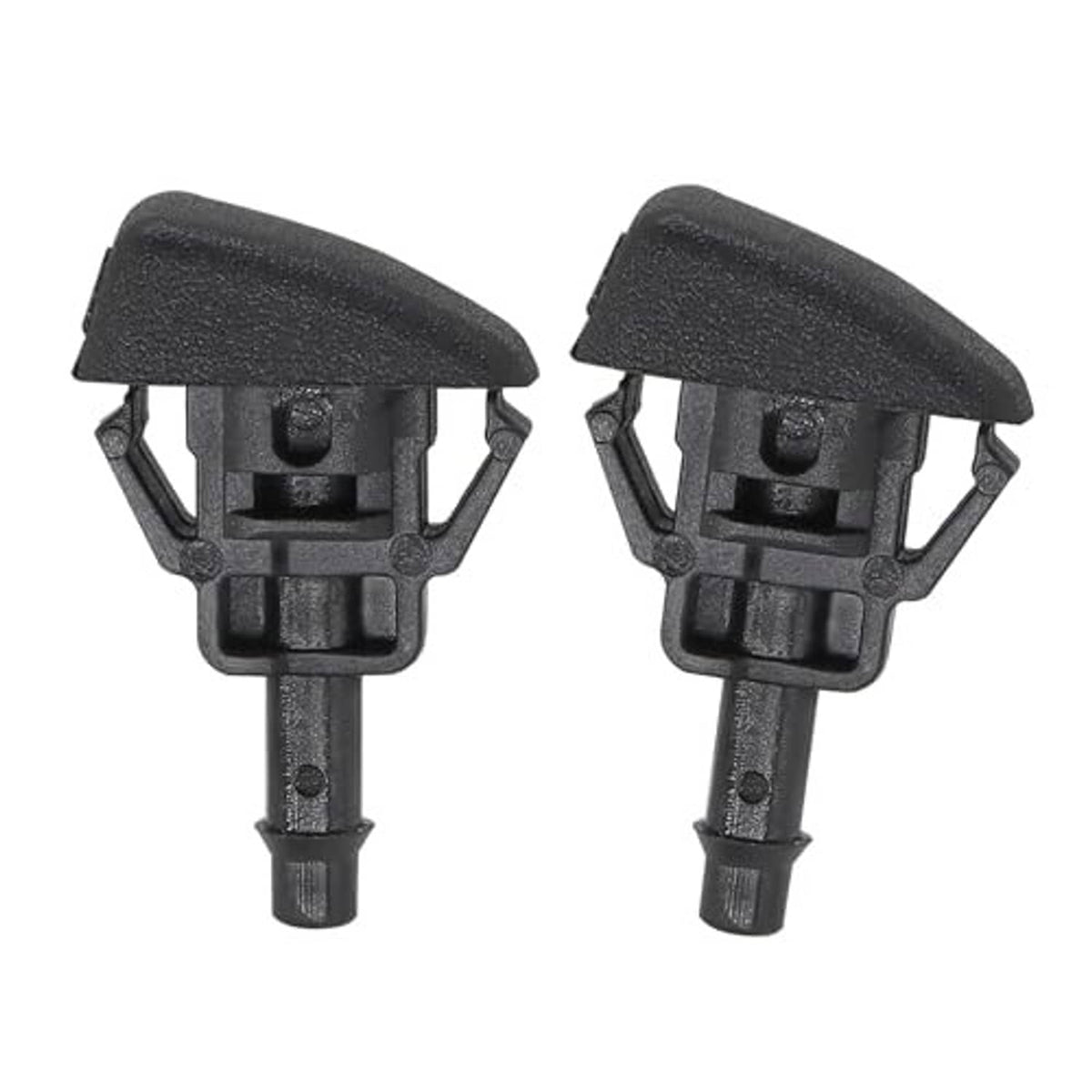 Windshield washer fluid jet nozzle pair, black sprayer tips on mounting stems