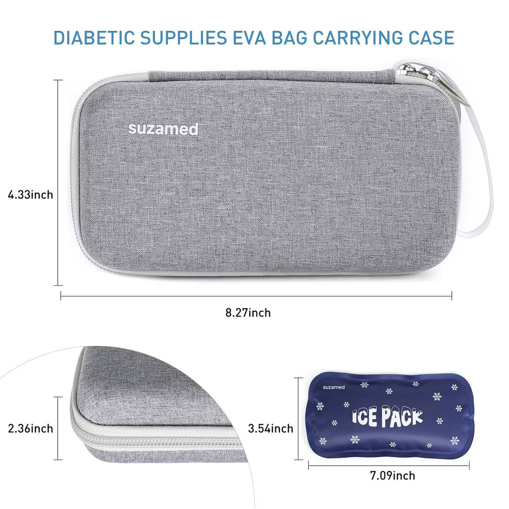 Grey insulin cooler travel case with wrist strap and zippered main compartment