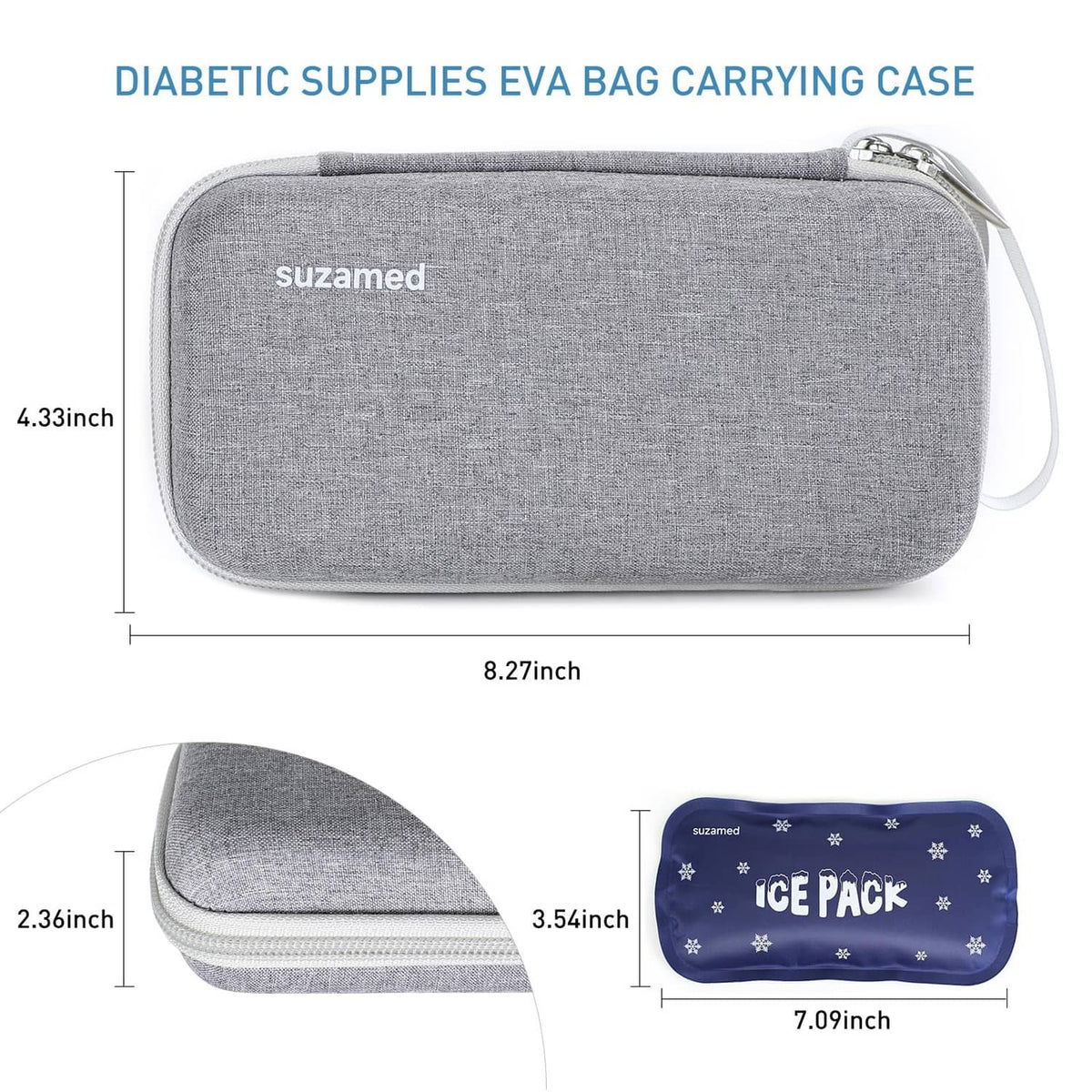 Grey insulin cooler travel case with wrist strap and zippered main compartment