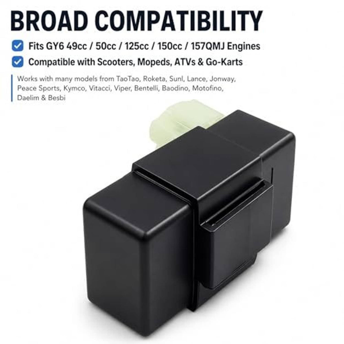 Black AC CDI box module with light green 6-pin connector on the right side