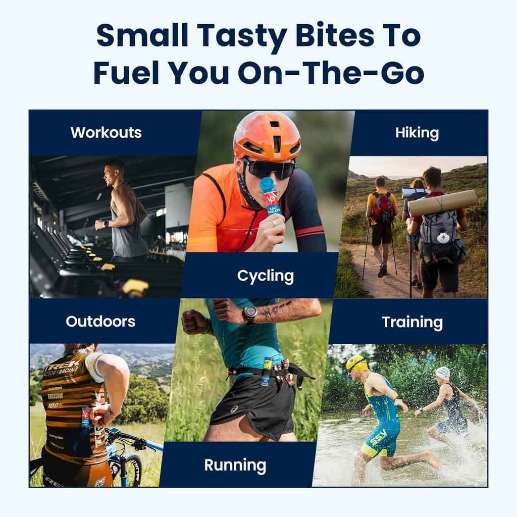 Venture Pal chewable electrolyte tablets shown for workouts, hiking, cycling, and running