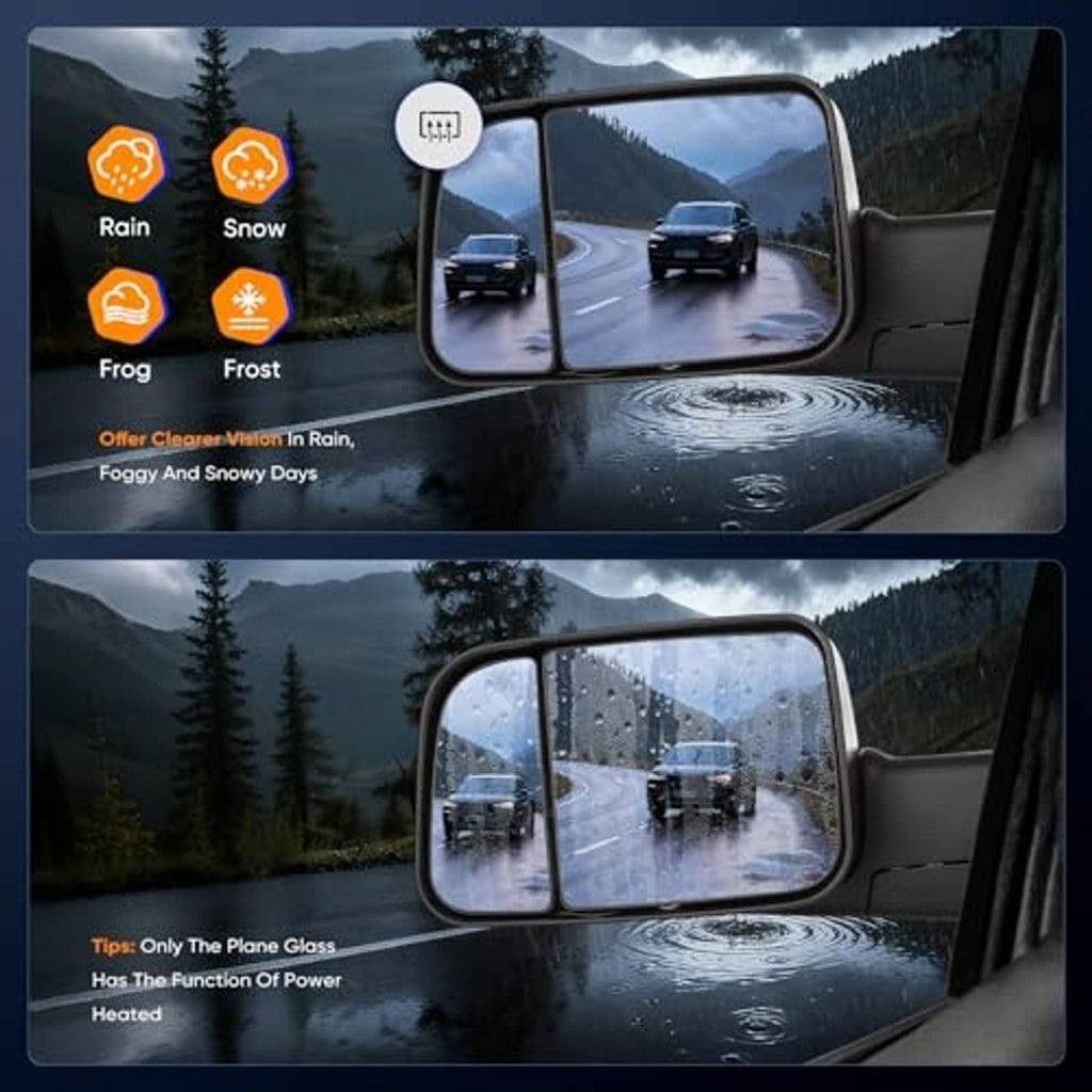 Towing mirror with plane glass showing raindrops on the reflective surface