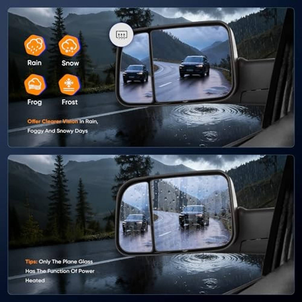 Towing mirror with plane glass showing raindrops on the reflective surface