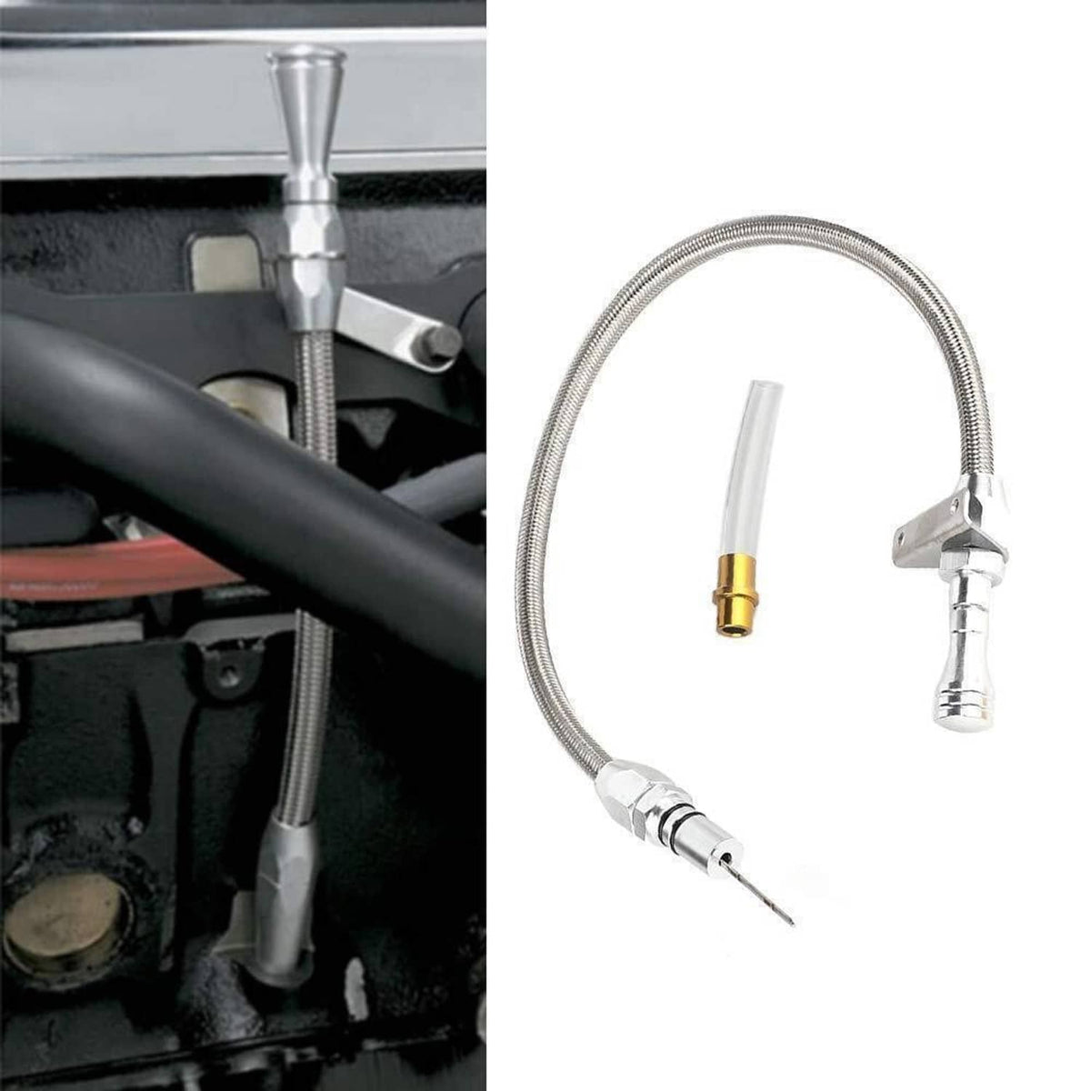 Stainless dipstick hose with clamp fitting and probe, plus small white guide tube