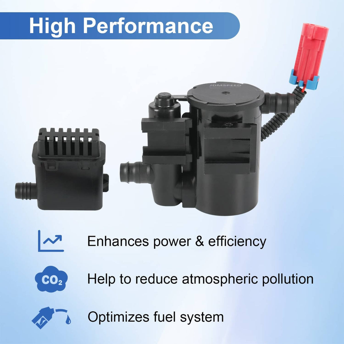 Evap canister vent solenoid with black body, vent ports, and red/blue connector ends
