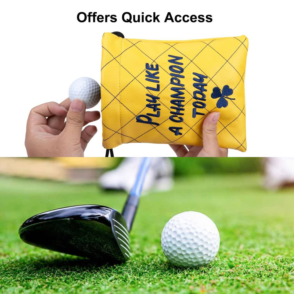 Yellow golf drawstring pouch with blue "Play Like a Champion Today" graphic, held by hands.