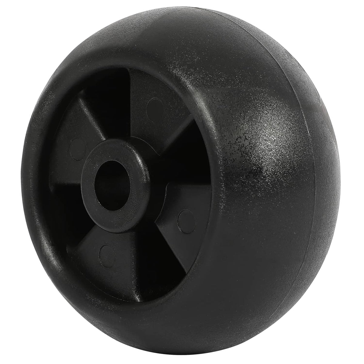 Black deck wheel with 5-spoke hub, rounded tread, center mounting hole