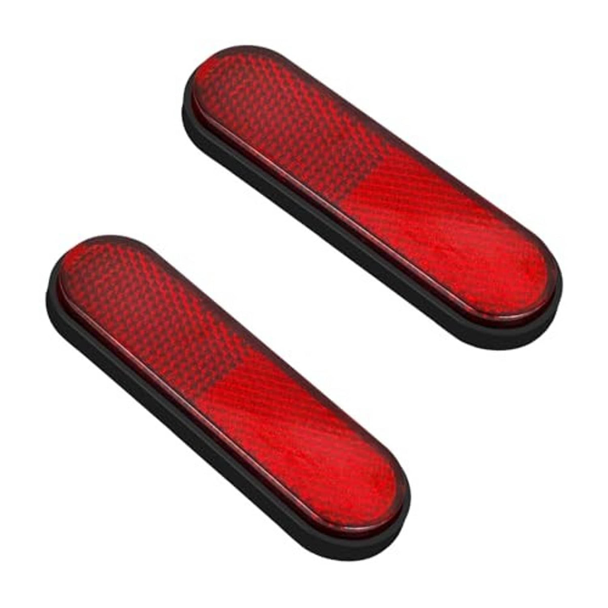 Set of two red oval reflective motorcycle reflector stickers with black bases