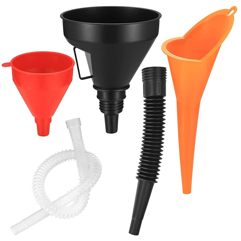 3-piece plastic automotive funnel set with black long-neck funnel, orange/red funnels and hose