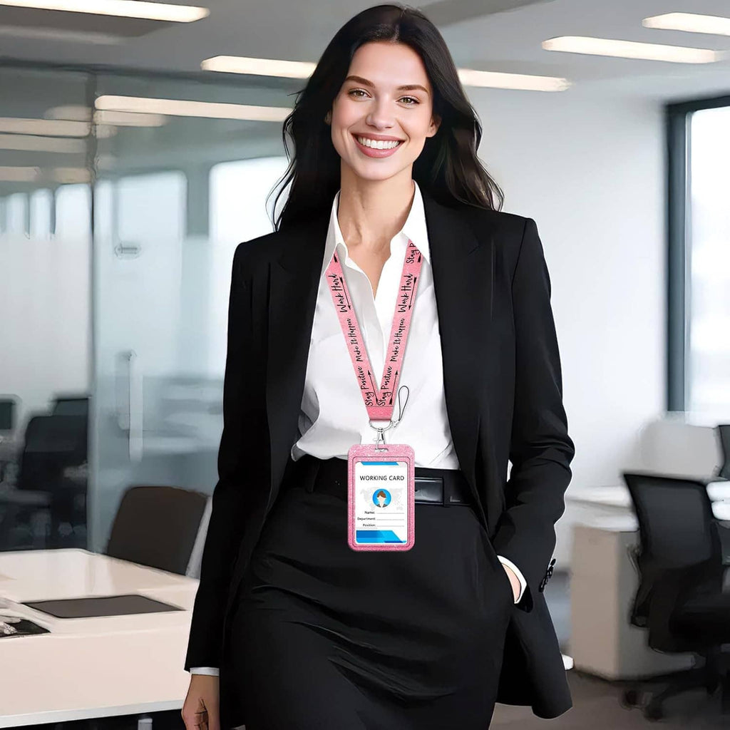 Person wearing an ID badge lanyard with card holder clipped at the chest