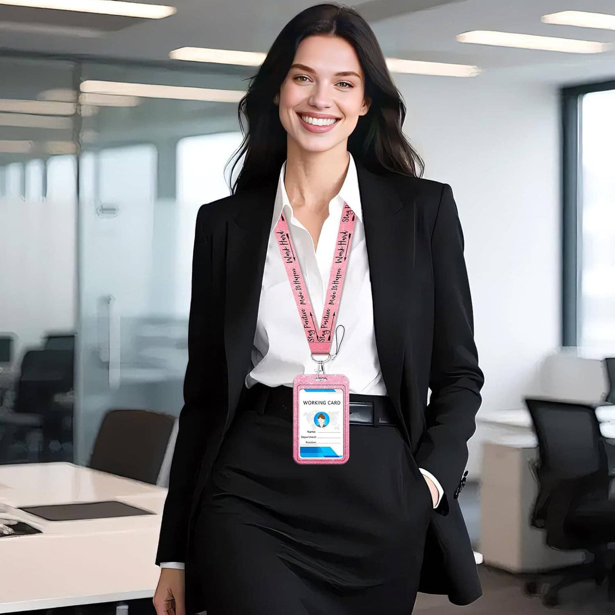Person wearing an ID badge lanyard with card holder clipped at the chest