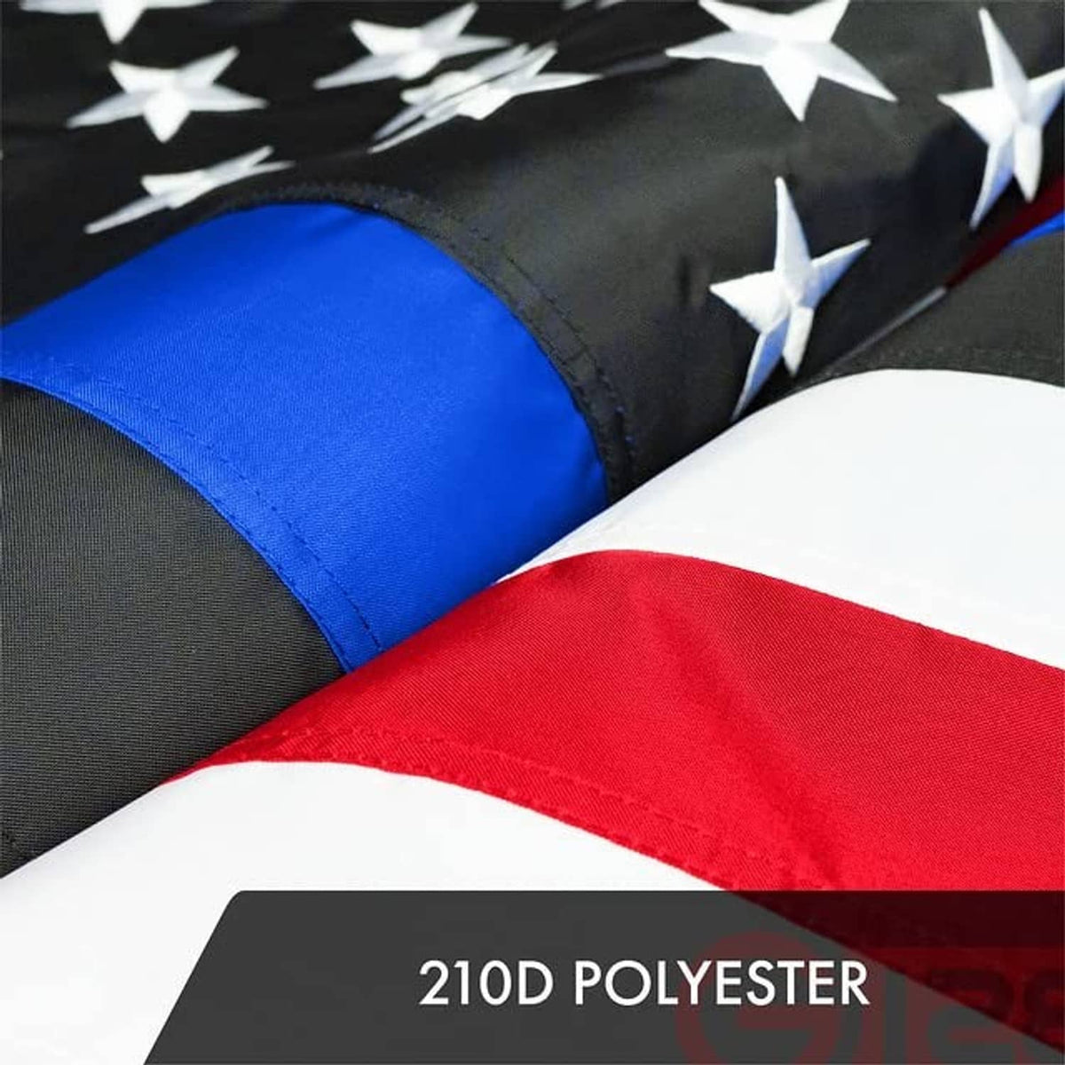 Flag fabric close-up with embroidered star shapes and layered blue and red stripes