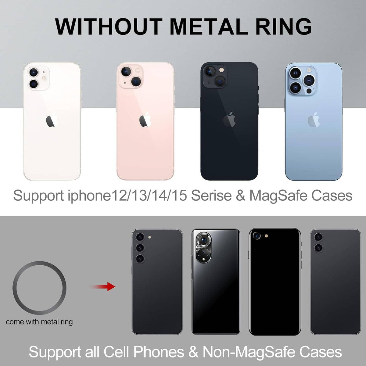 Magnetic phone holder compatible with iPhone and MagSafe cases without metal ring