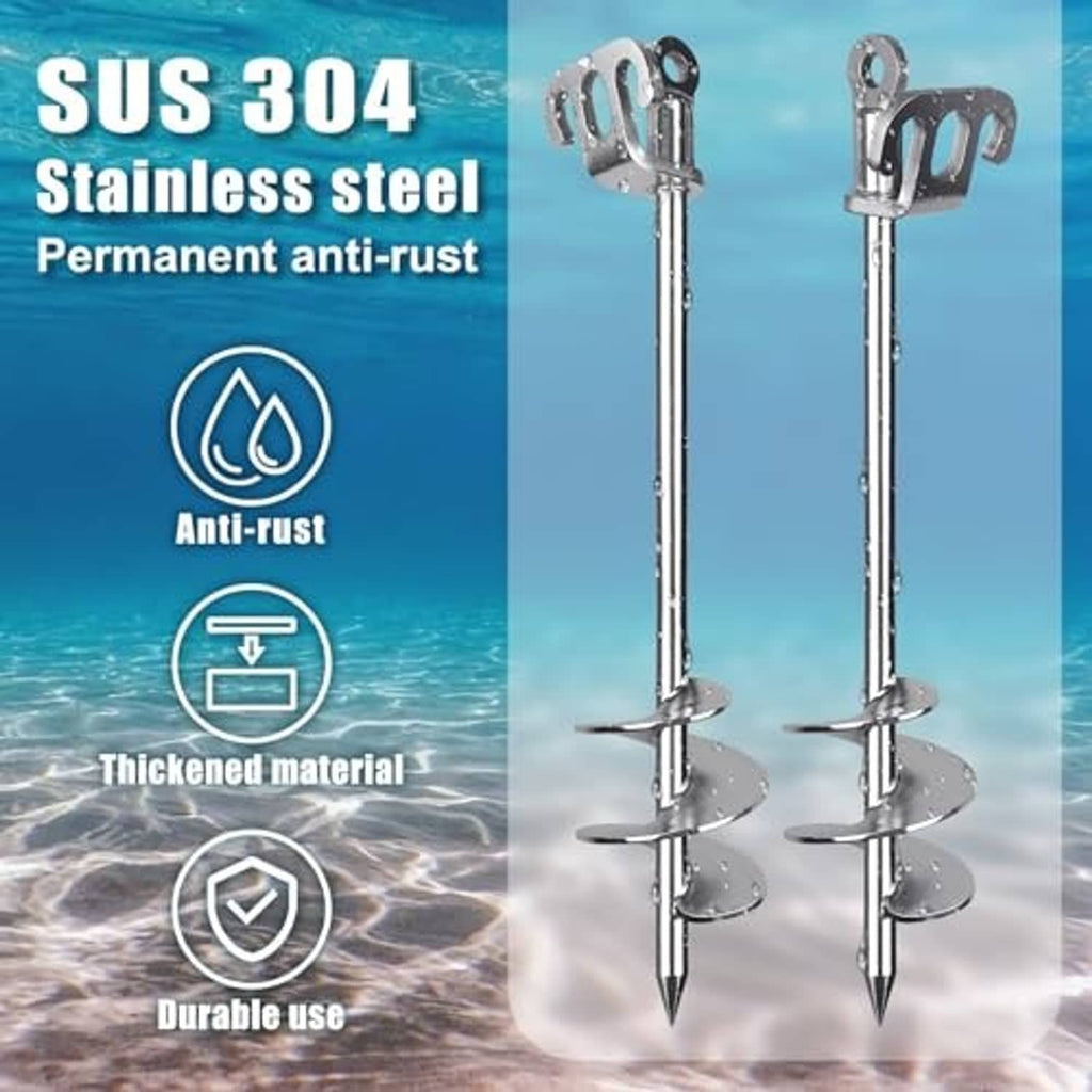 Stainless steel sand anchor with black handle and spiral flukes, shown in pairs