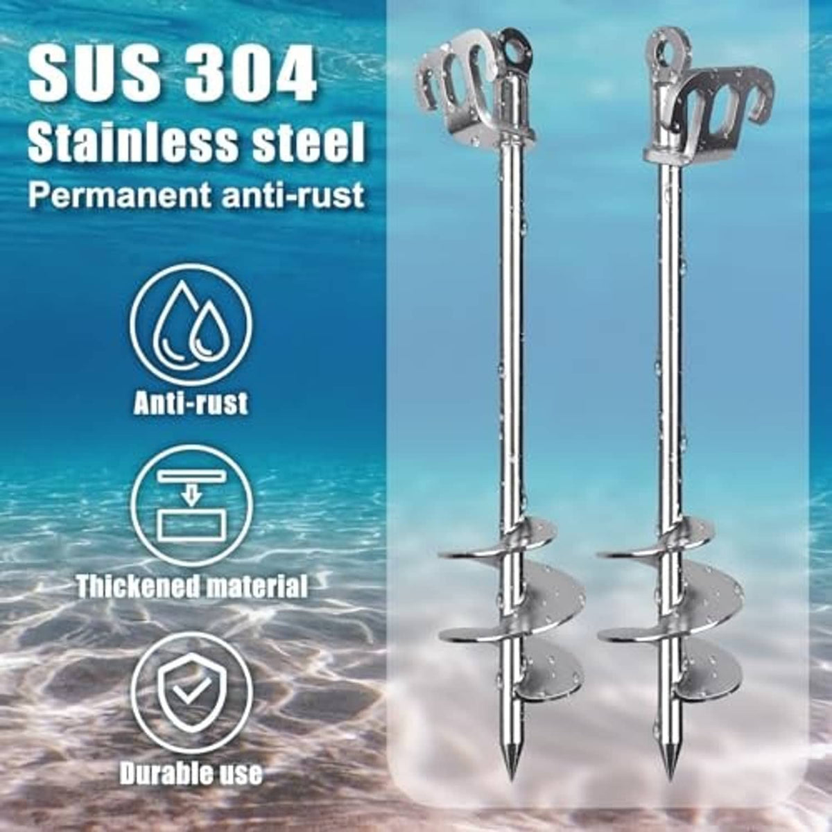 Stainless steel sand anchor with black handle and spiral flukes, shown in pairs