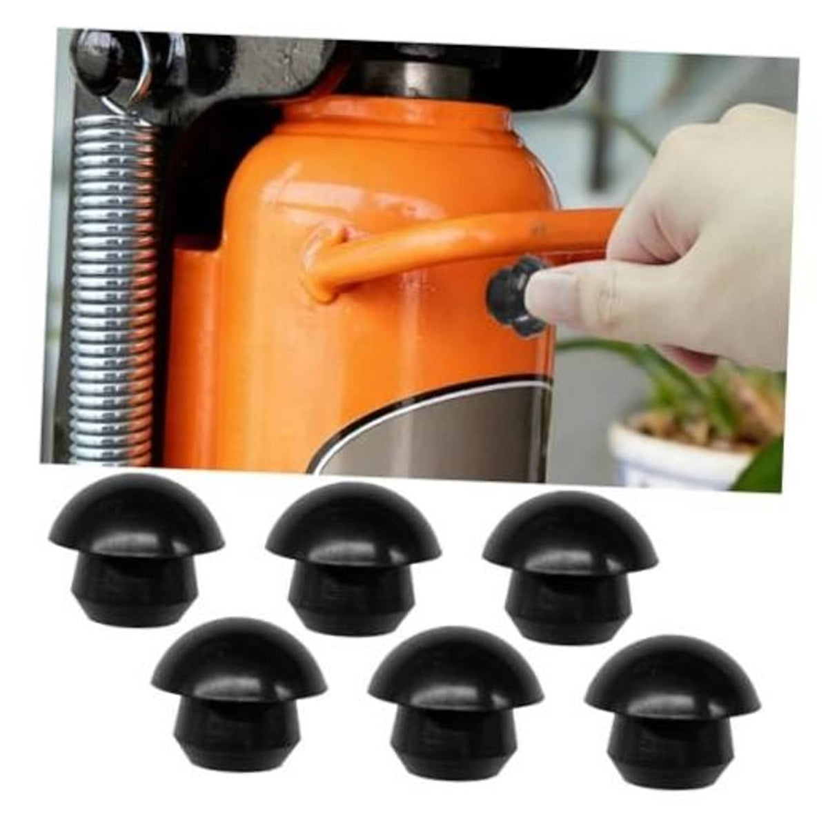 Set of 6 black rubber oil filler caps for bottle jack, round dome shape