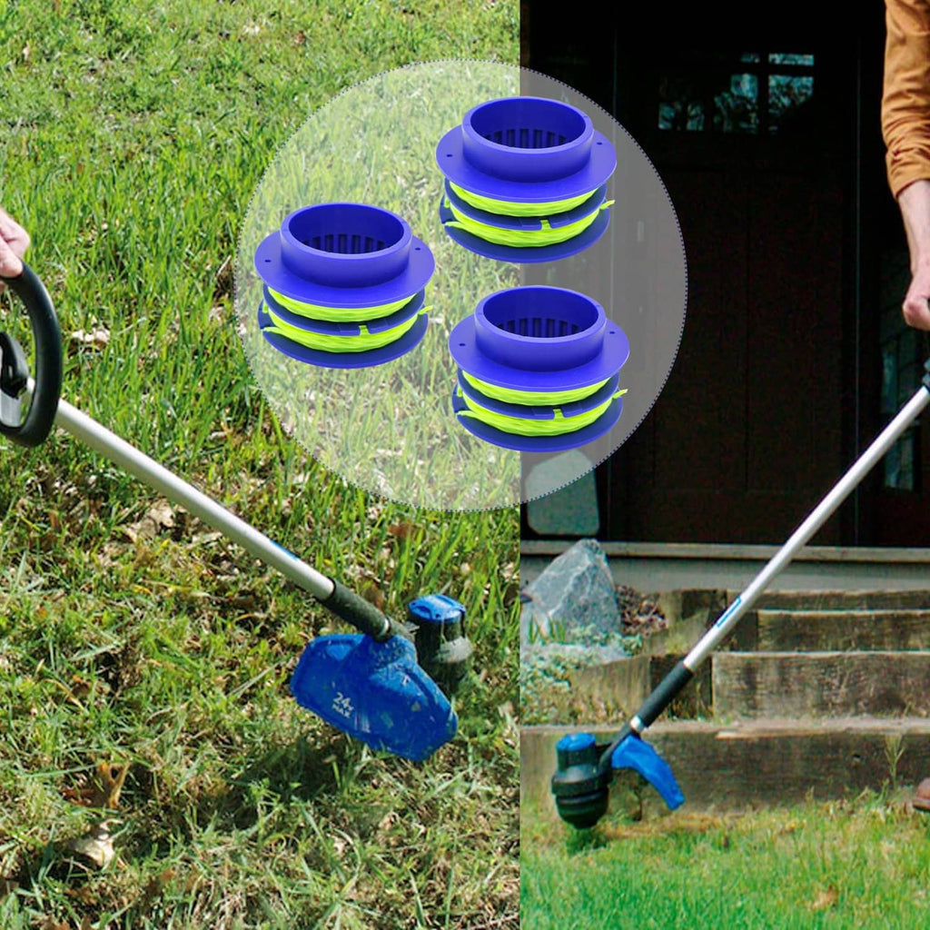 Blue trimmer line spools with neon green cutting line displayed on lawn