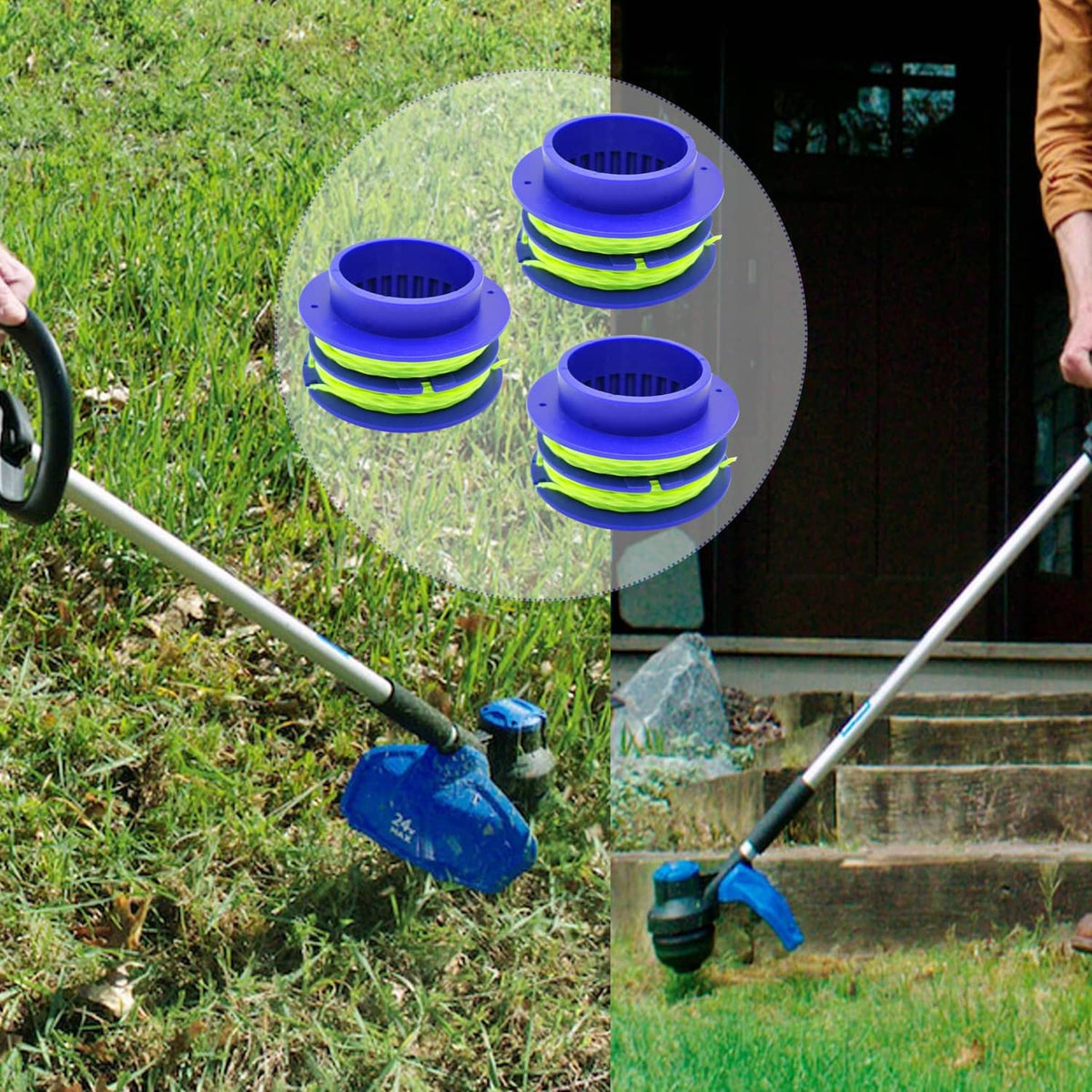 Blue trimmer line spools with neon green cutting line displayed on lawn