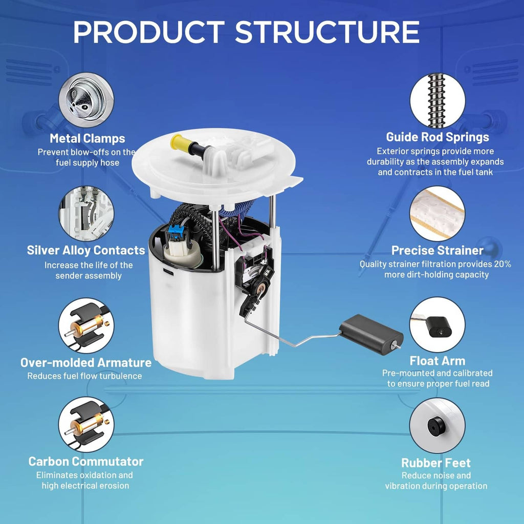 Electric fuel pump assembly cutaway with metal contacts, strainer, and float arm