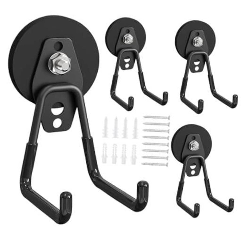 Four black magnetic hooks with screws and wall anchors for heavy-duty hanging