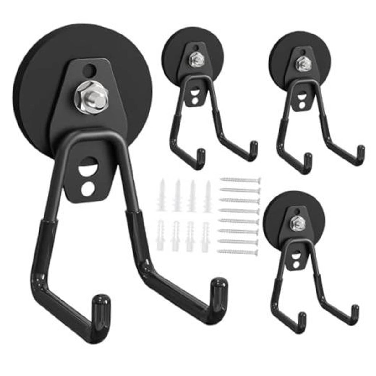 Four black magnetic hooks with screws and wall anchors for heavy-duty hanging