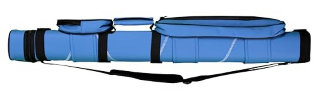 Blue cue case laid sideways with end caps, center zipper, and carry handle