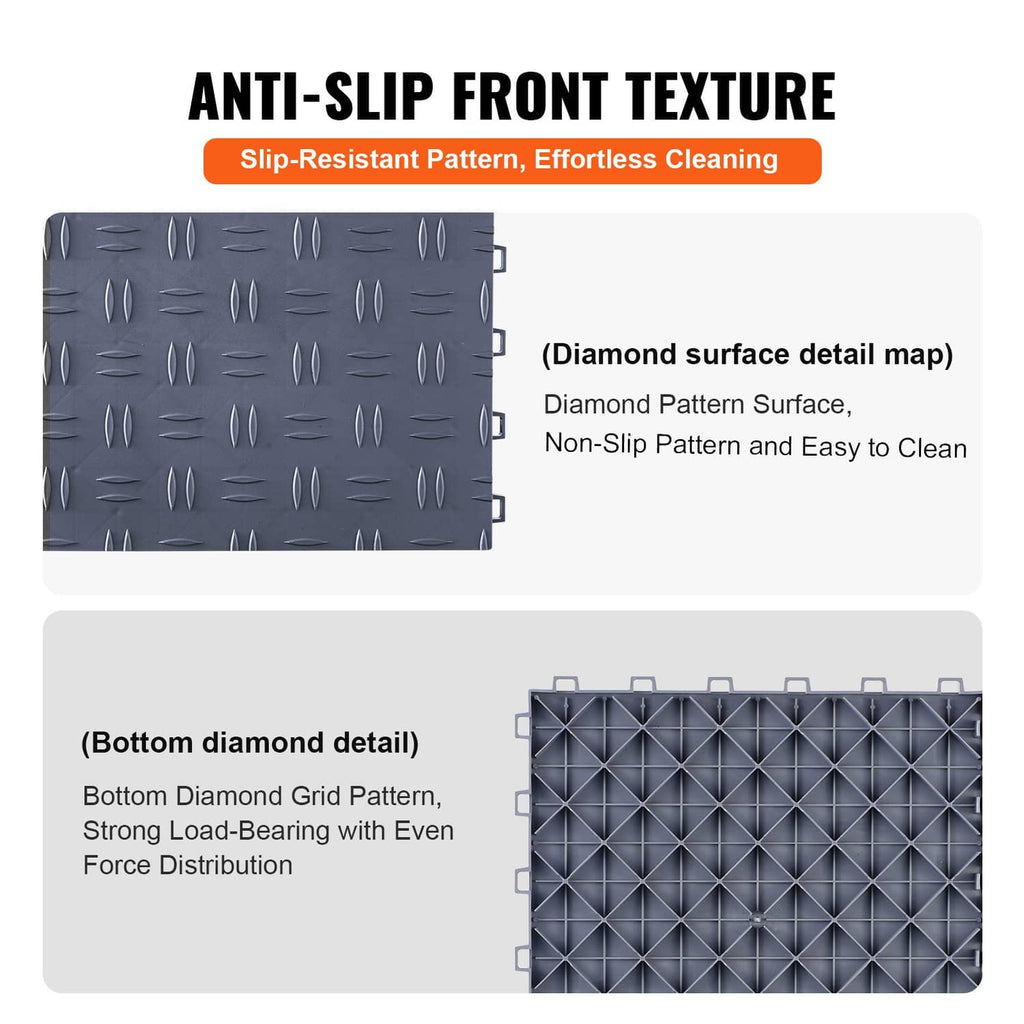 Interlocking garage floor tile with anti-slip top texture and diamond underside grid