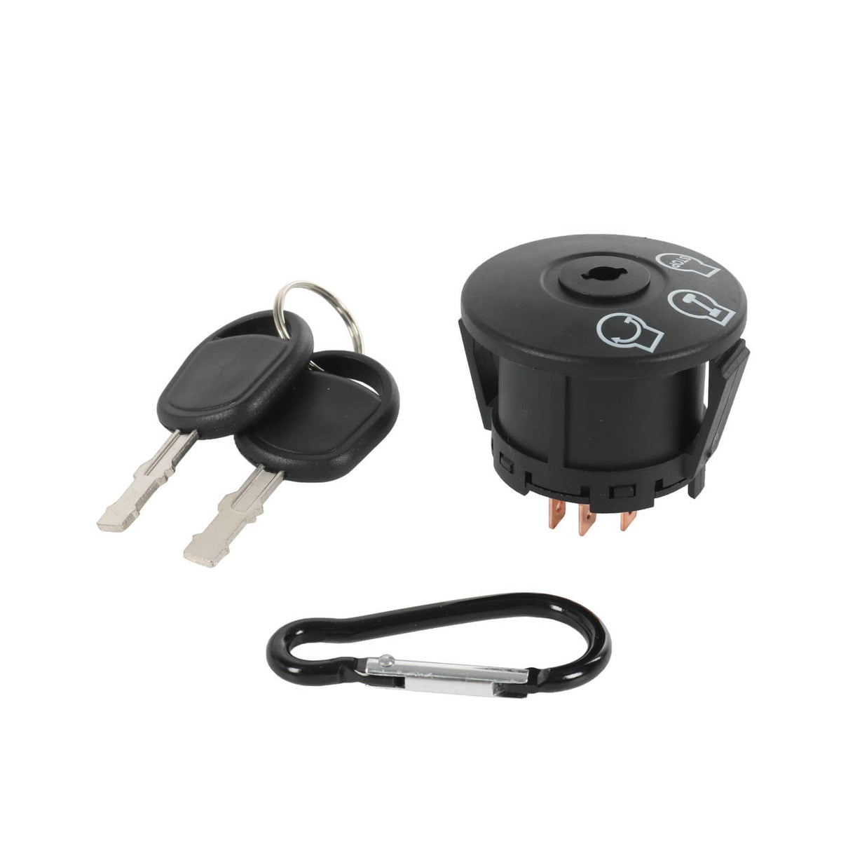 Ignition switch with key ring and two keys, black round top with icons