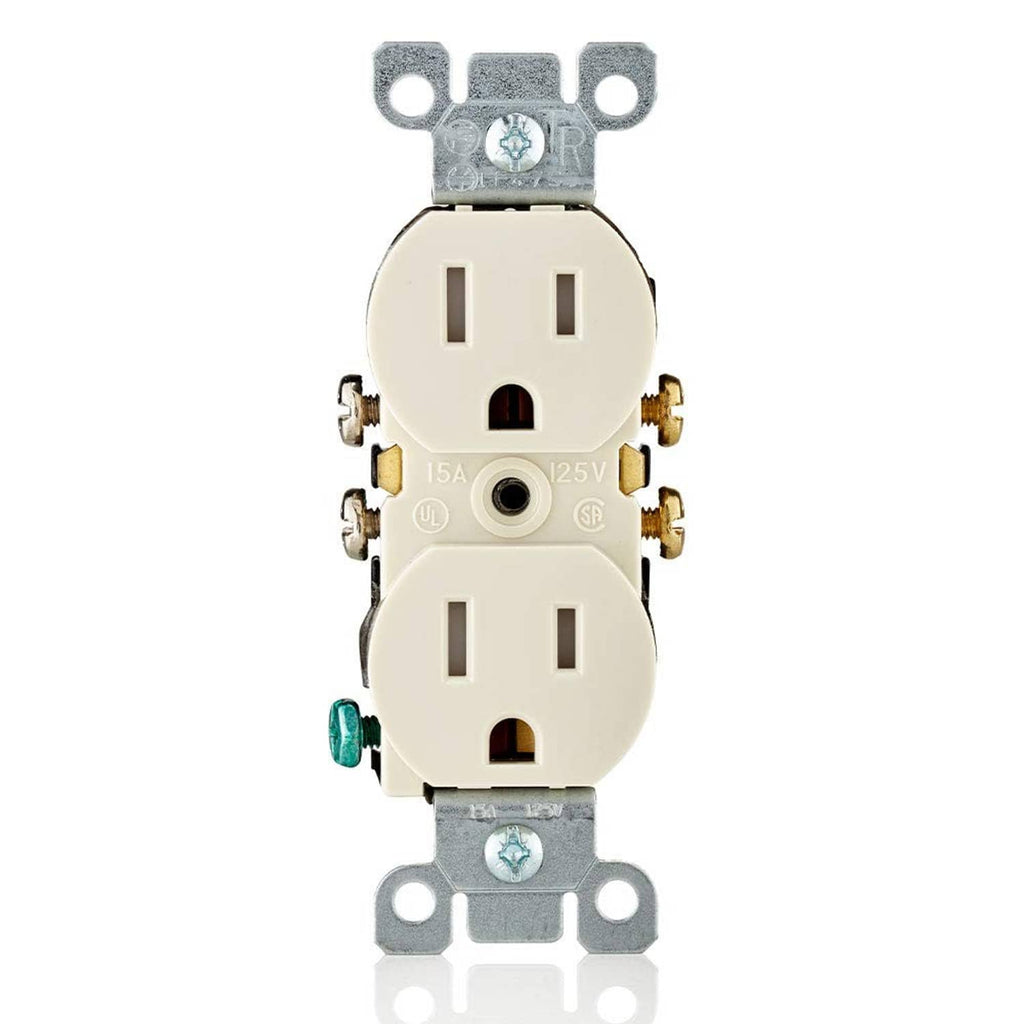 Light almond duplex electrical outlet with tamper-resistant shutters, two-socket design