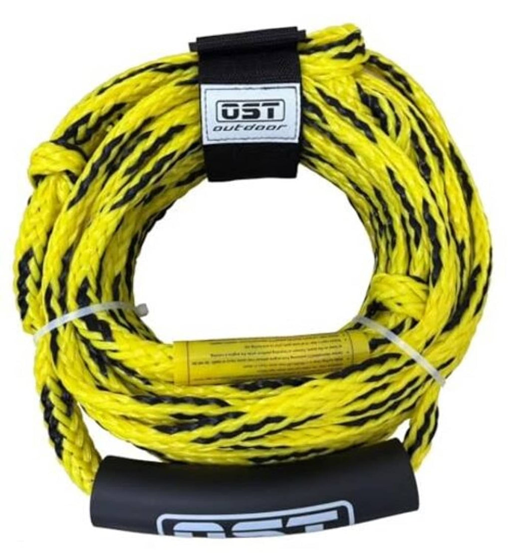 Yellow braided tow rope coil with UST Outdoor tag and black storage keeper