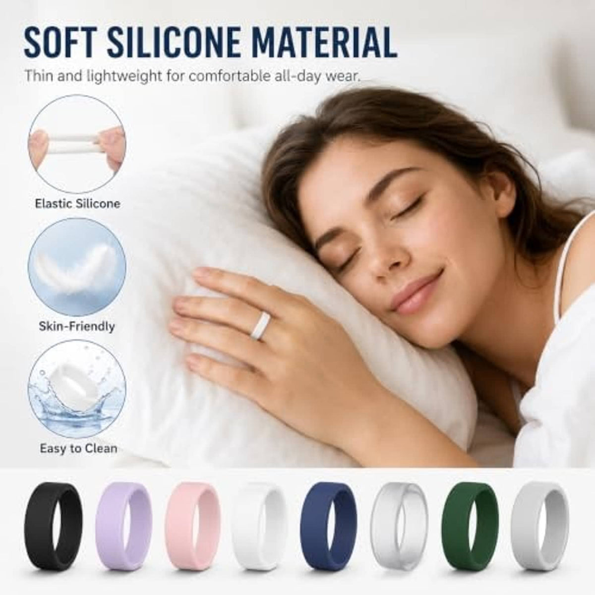 Assorted soft silicone ring covers, slim bands in multiple colors for comfortable all-day wear.