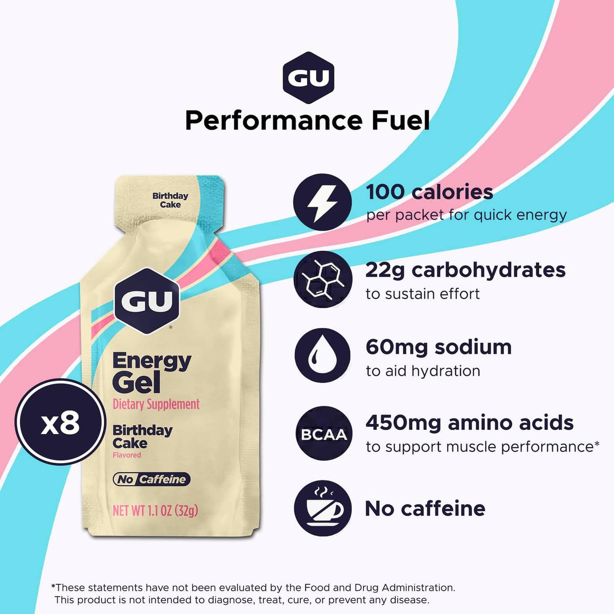 GU Energy gel multipack pouch with nutrition highlights: 100 calories, 60mg sodium