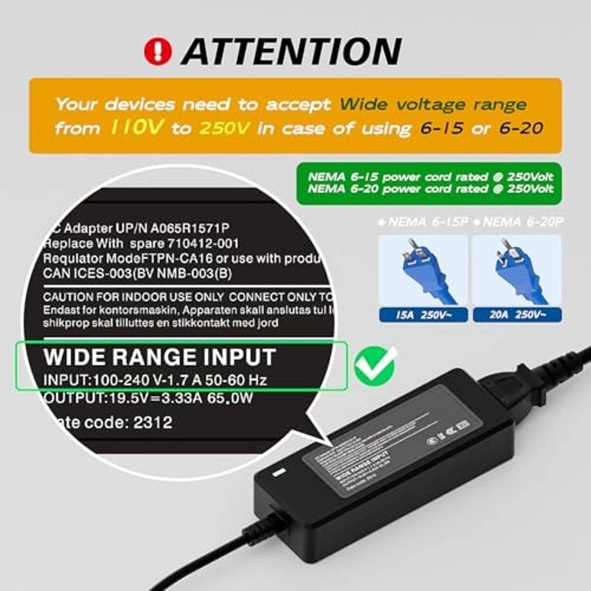 Adapter cord power module with black housing and wide-range voltage labels