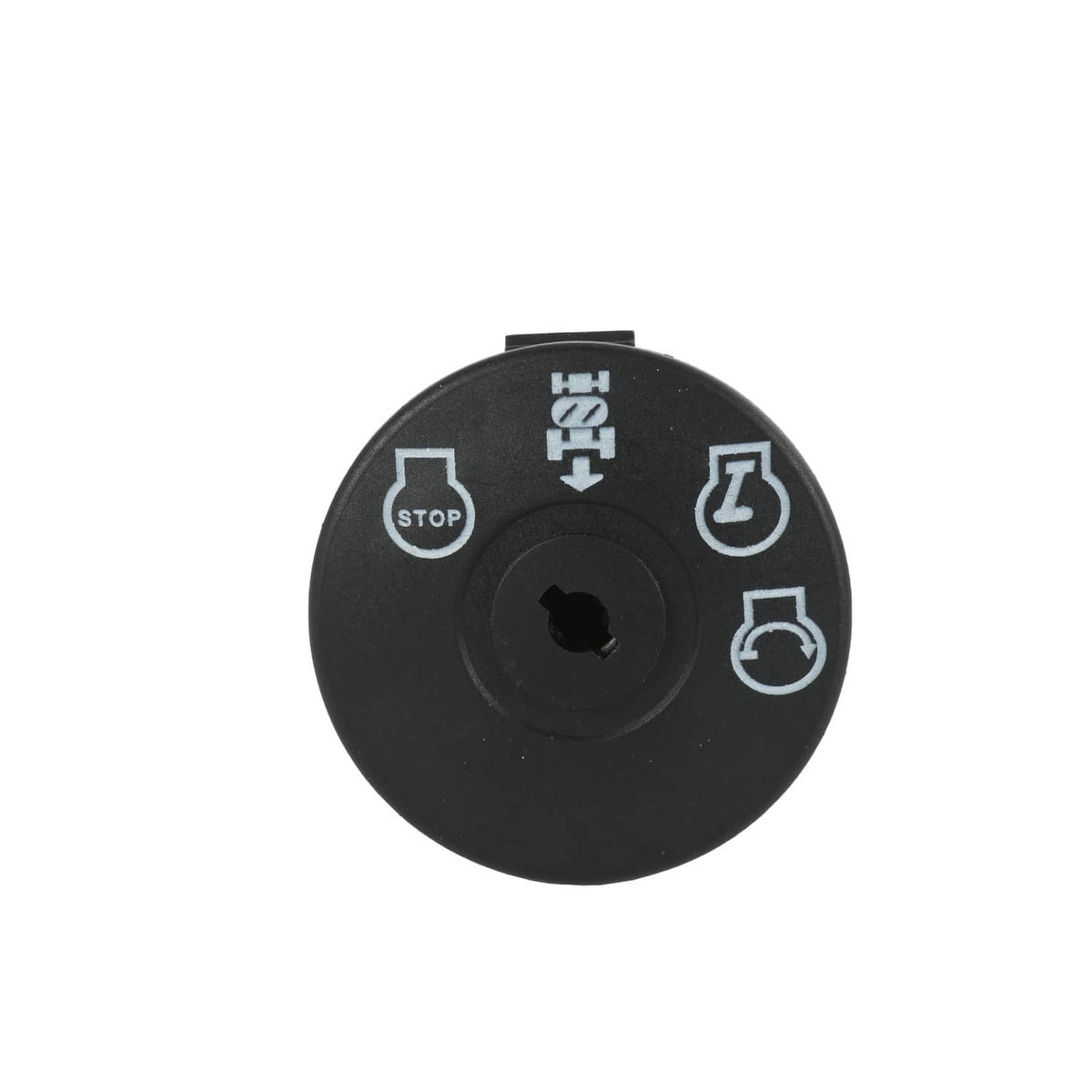 Black circular ignition switch face with stop and power-style icons.